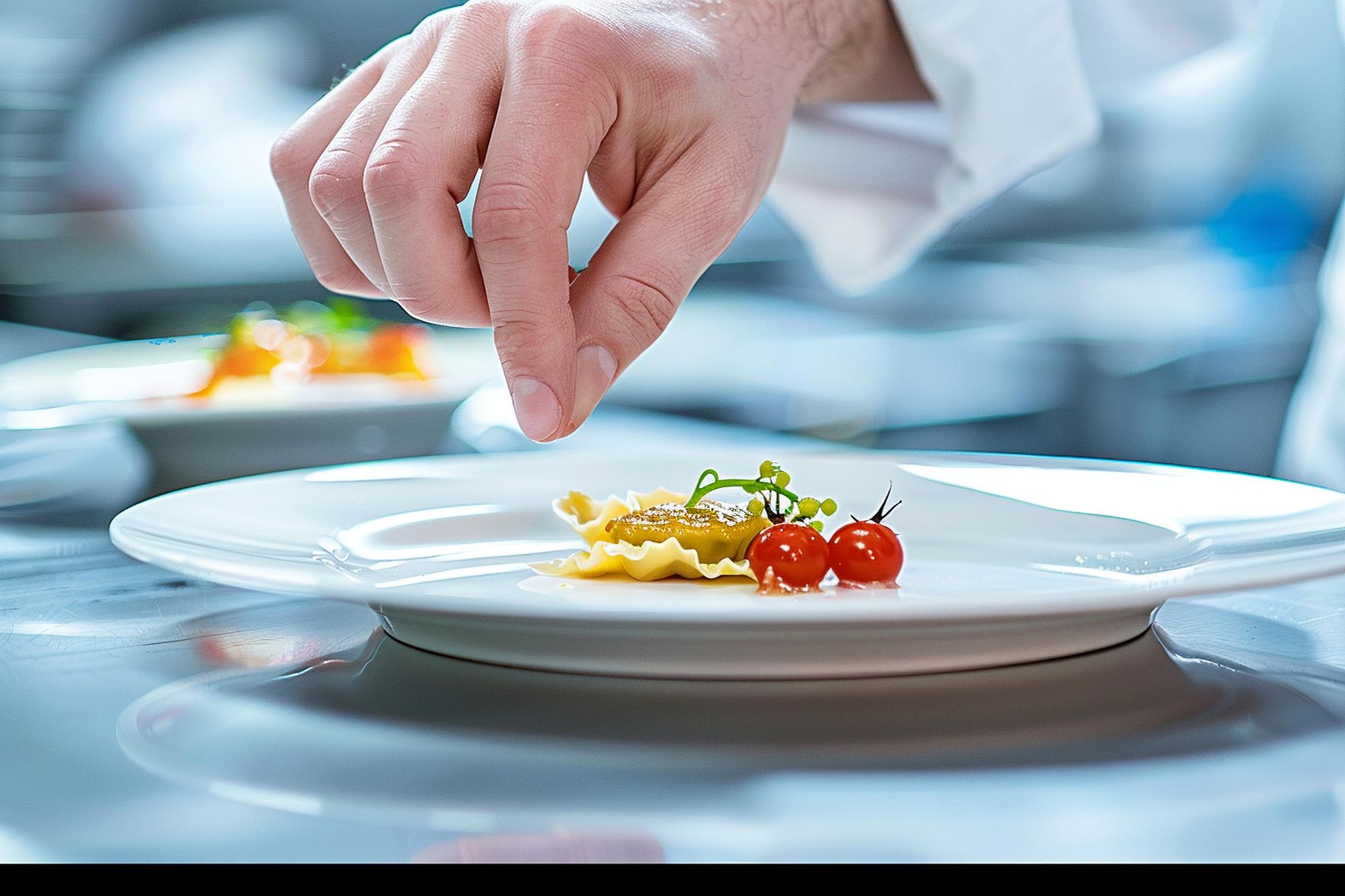 Chef che dispone un piatto moderno